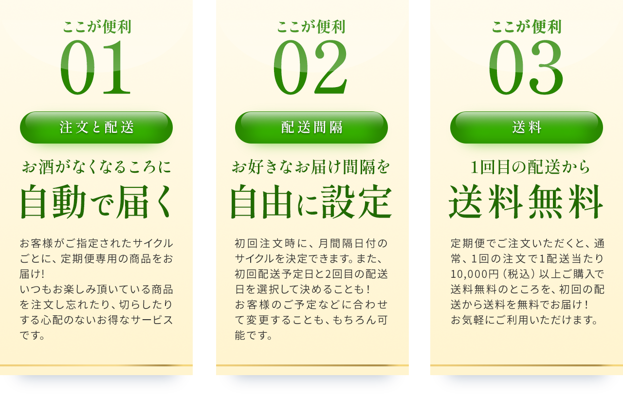 ここが便利！自動で届く、配送間隔を自由に設定、1回目の配送から送料無料